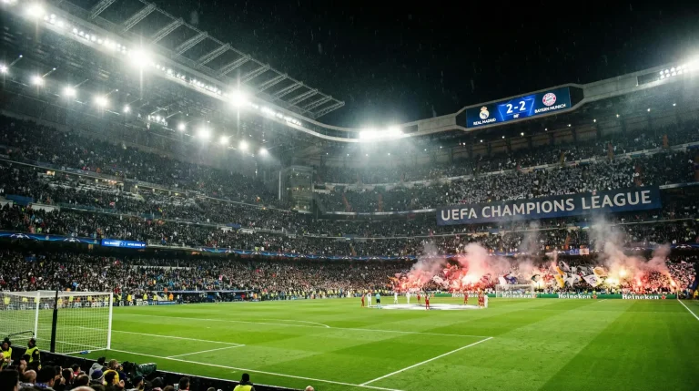 Dos porterías de fútbol enfrentadas en campo de Champions League