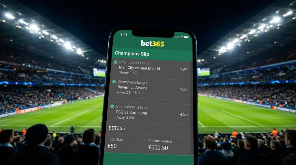 Pantalla de apuestas con múltiples selecciones de partidos de Champions League