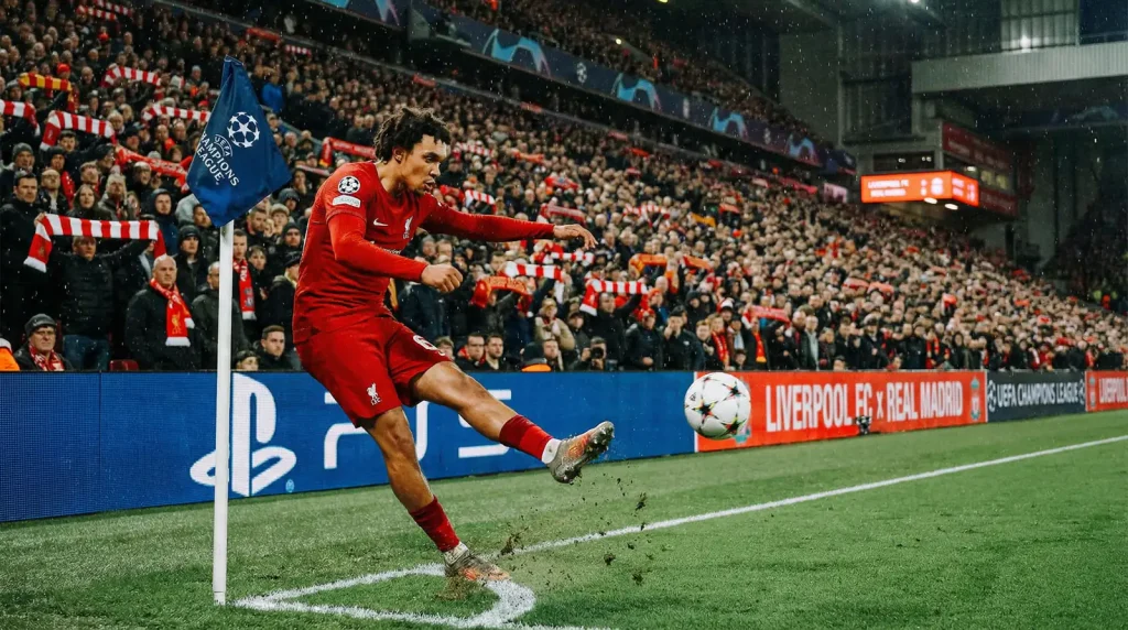 Jugador ejecutando saque de esquina en partido de Champions