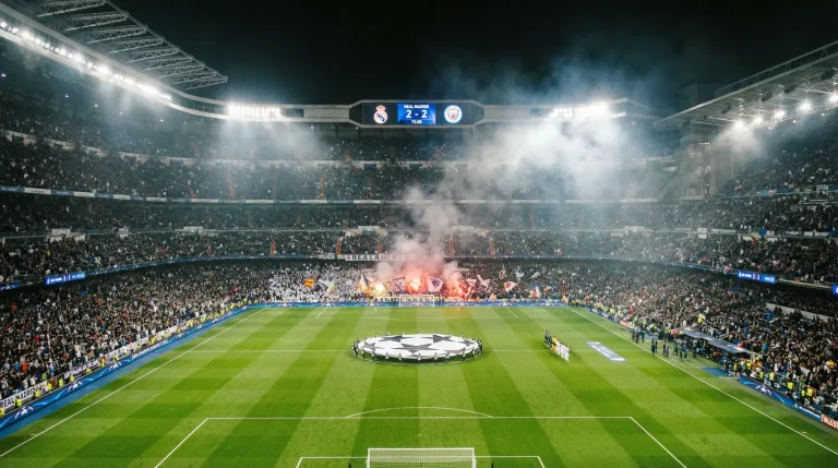Estadio de fútbol iluminado para partido nocturno de Champions