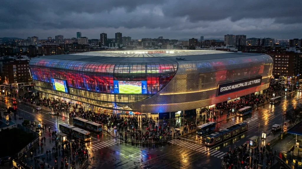 Estadio de fútbol español iluminado para partido europeo