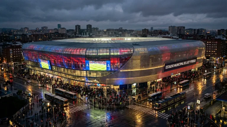 Estadio de fútbol español iluminado para partido europeo