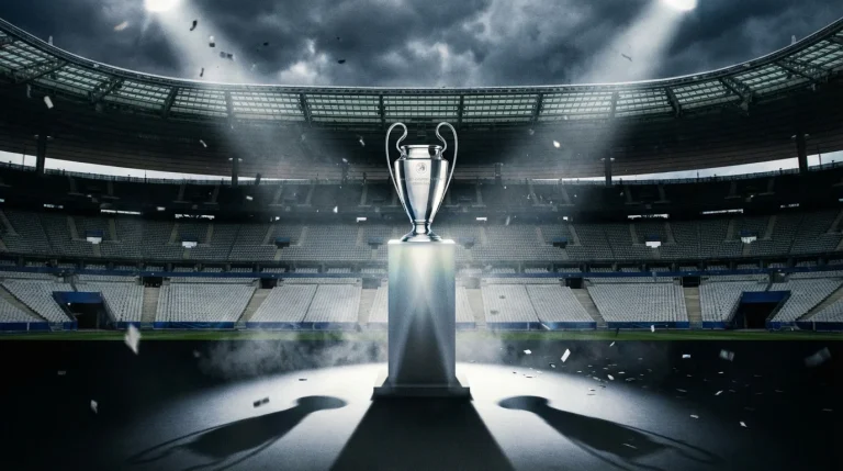 Trofeo de la Champions League en pedestal con fondo de estadio