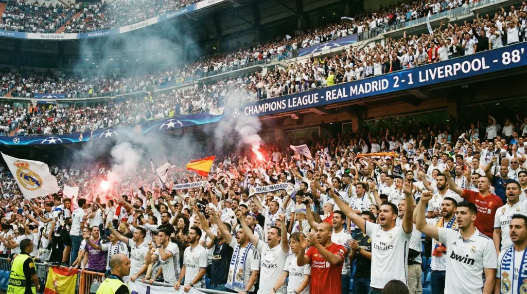 Aficionados en estadio viendo partido de Champions League