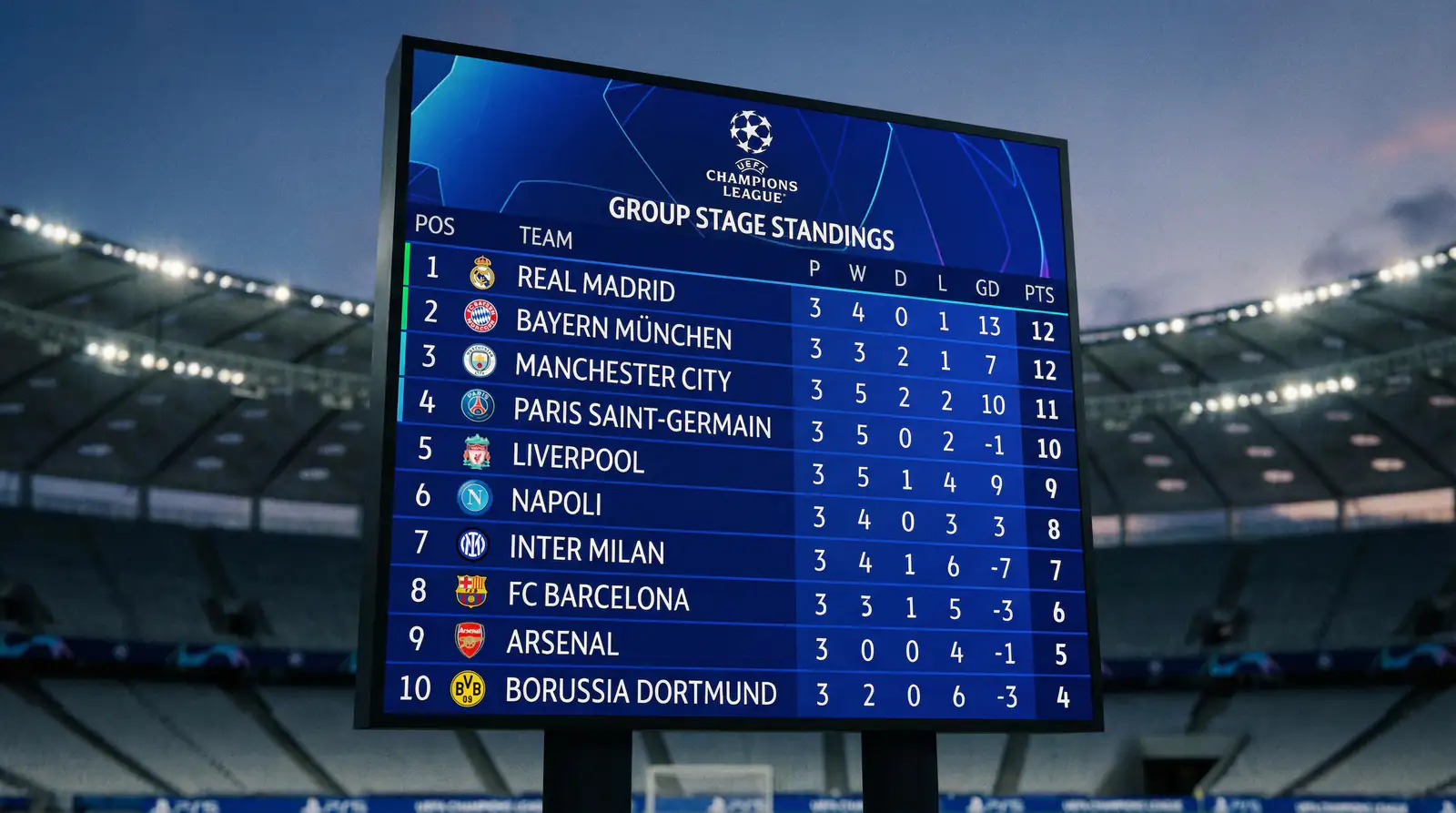 Clasificación de la fase de liga de la Champions League mostrando posiciones de equipos