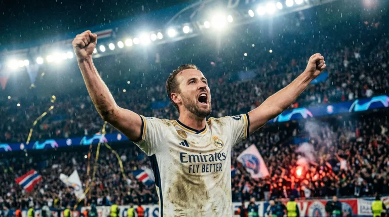 Delantero celebrando gol en partido de Champions League