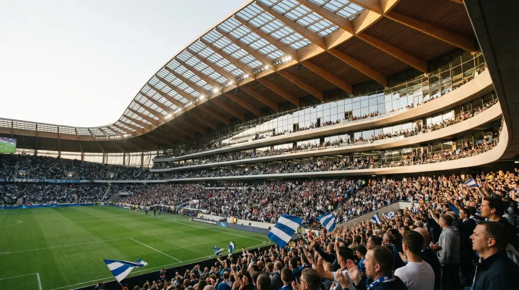 Estadio moderno de fútbol europeo con gradas llenas