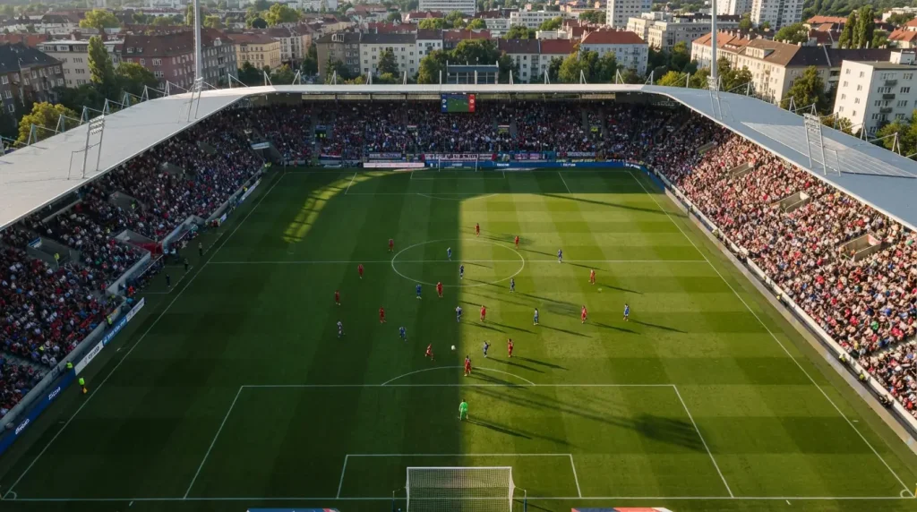 Vista aérea de campo de fútbol durante partido en vivo