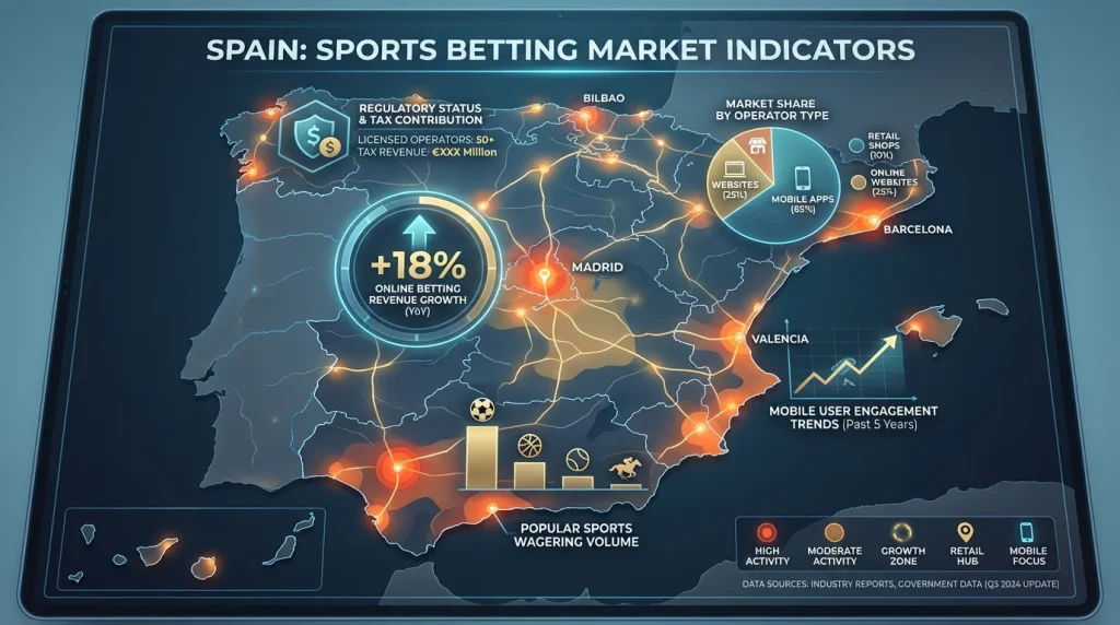 Mapa de España con iconos de apuestas deportivas
