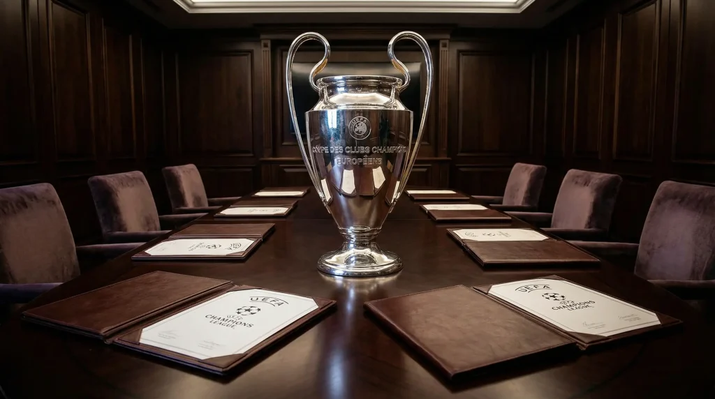 Trofeo de Champions League junto a documentos oficiales UEFA